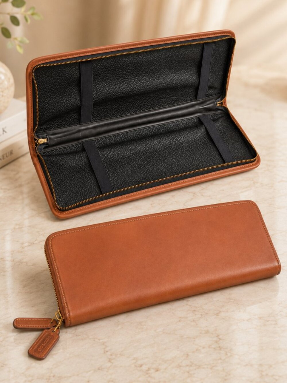 Coach Vintage Leather Tie Case Zip Travel Organizer Brown Leather Portfolio